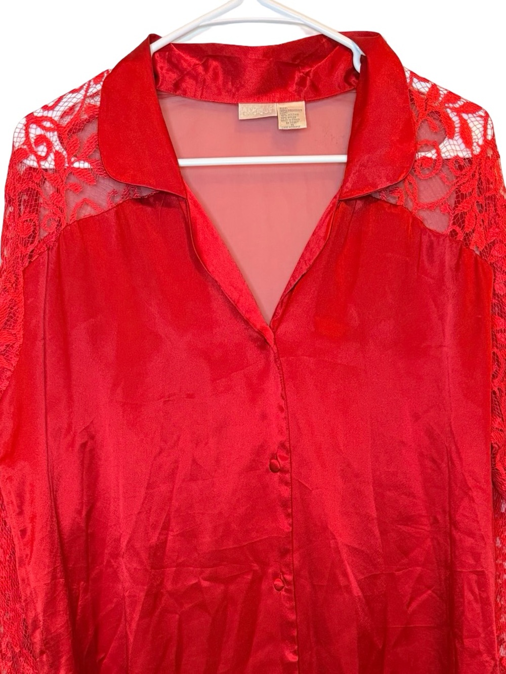Cacique Vintage Red Satin Lace Sleeve Sleep Shirt Mini Dress Coquette Y2K Medium - Picture 6 of 6